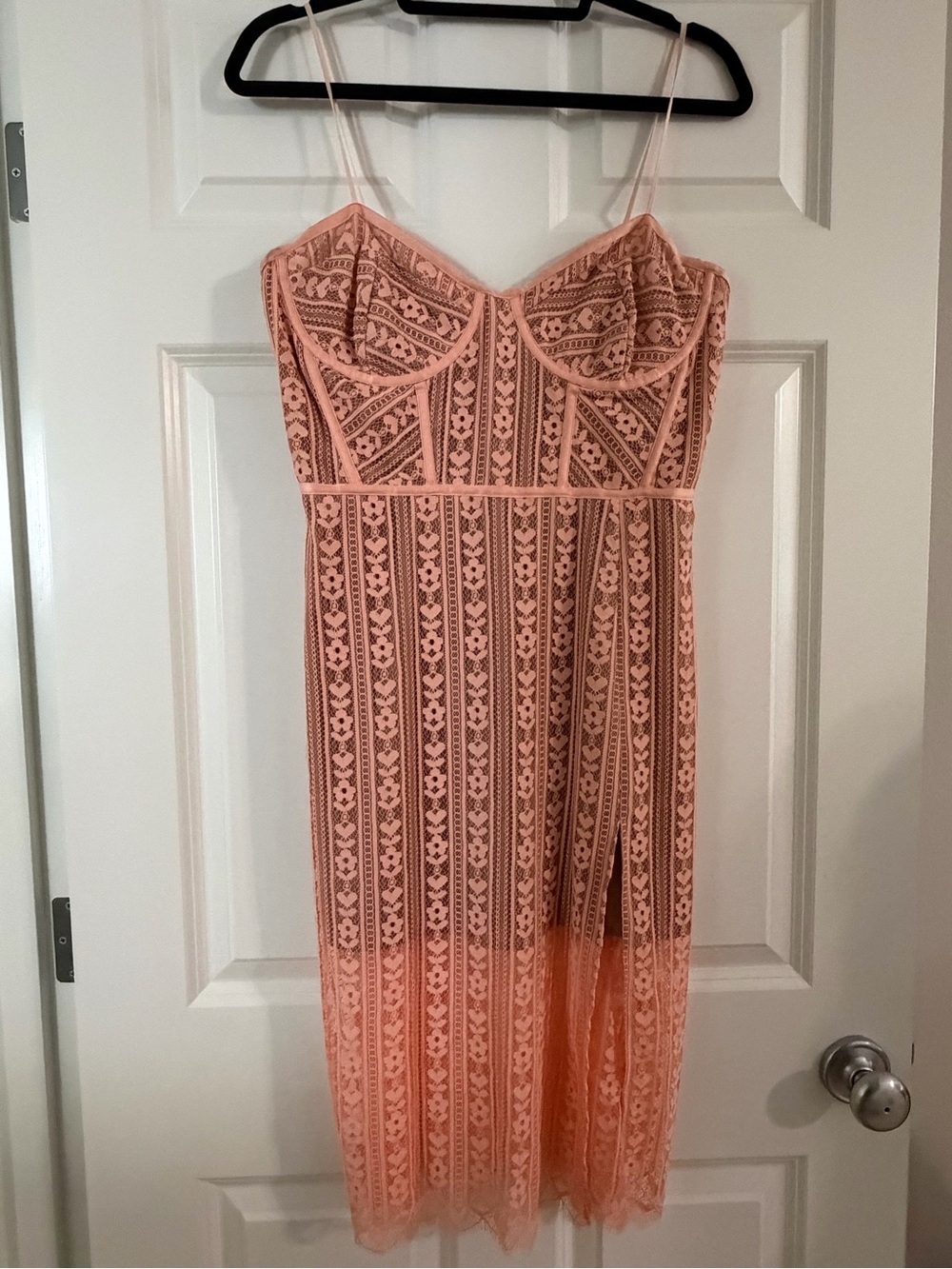 For Love & Lemons Peach Lace Midi Dress with Spaghetti Straps